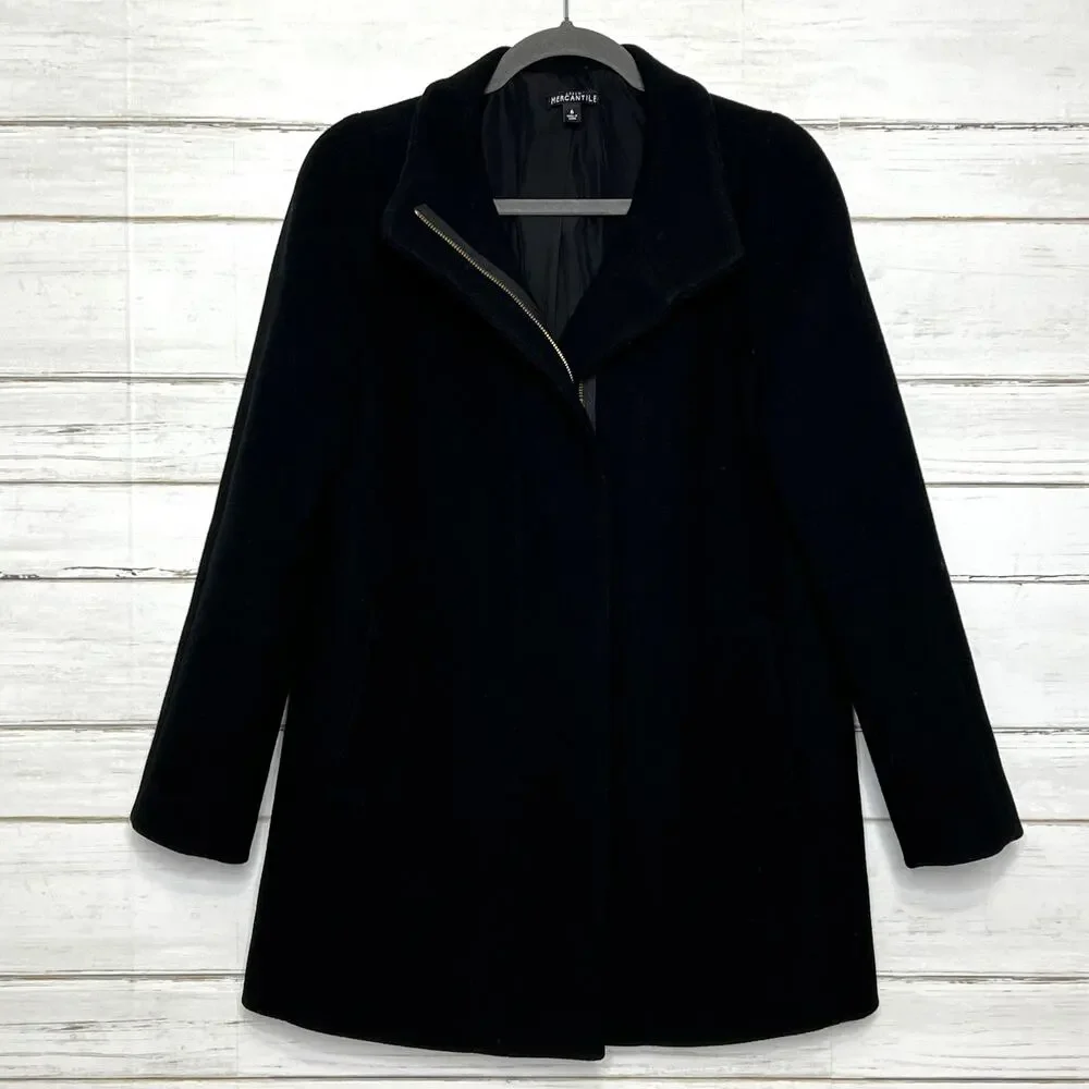 J.Crew Mercantile Black Wool Blend Zip Front Coat Women’s Size 6